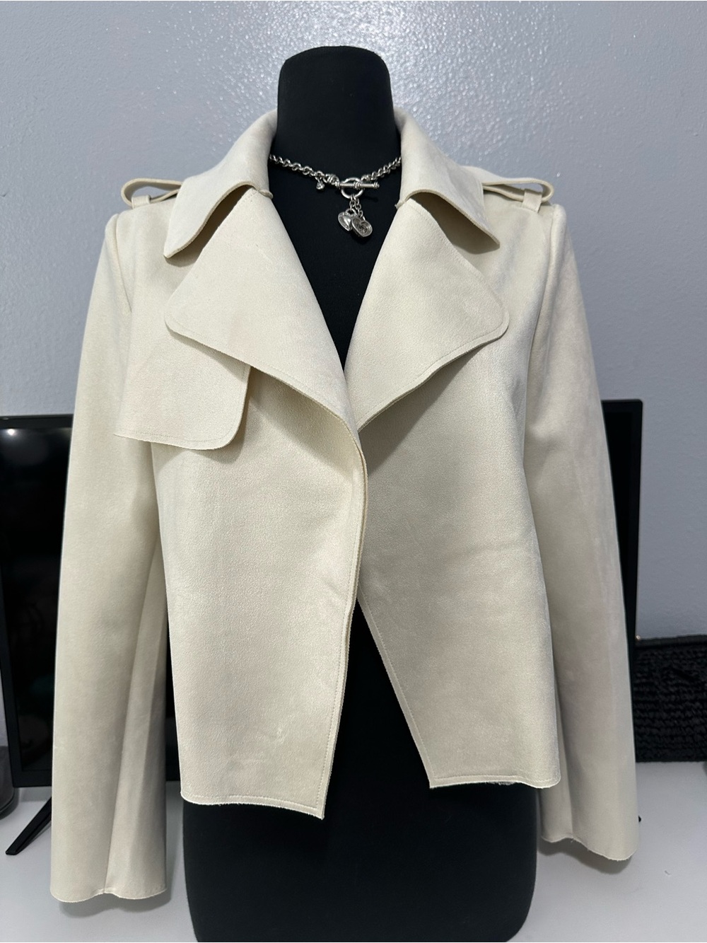 Women's Light Cream Open-Front Trench Coat Jacket